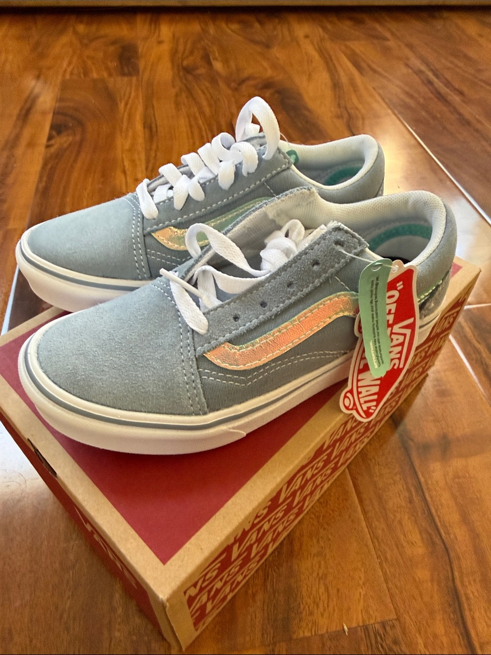 Brand New Vans Kids Old Skool Sneakers in Light Blue with Pink Stripe